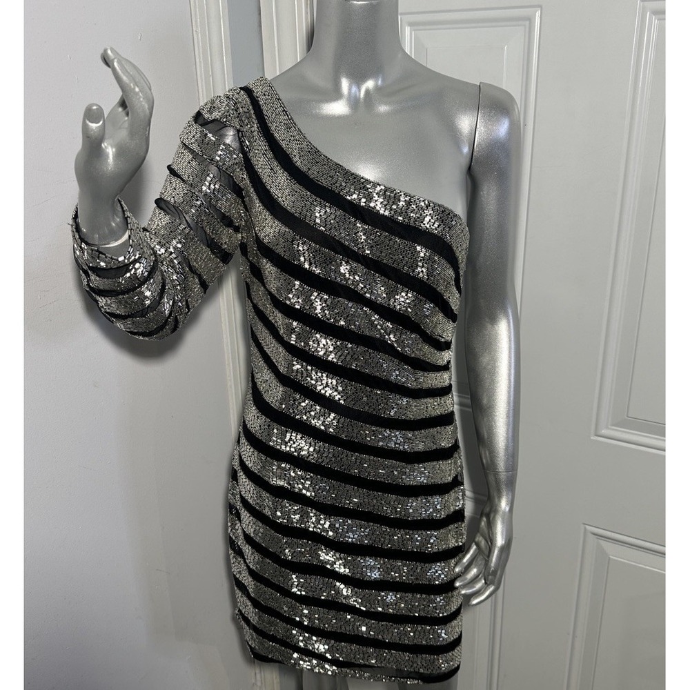 Aleta One-Shoulder Striped Beaded Sequin Mini Dress - Black & Silver 10 - Picture 10 of 13